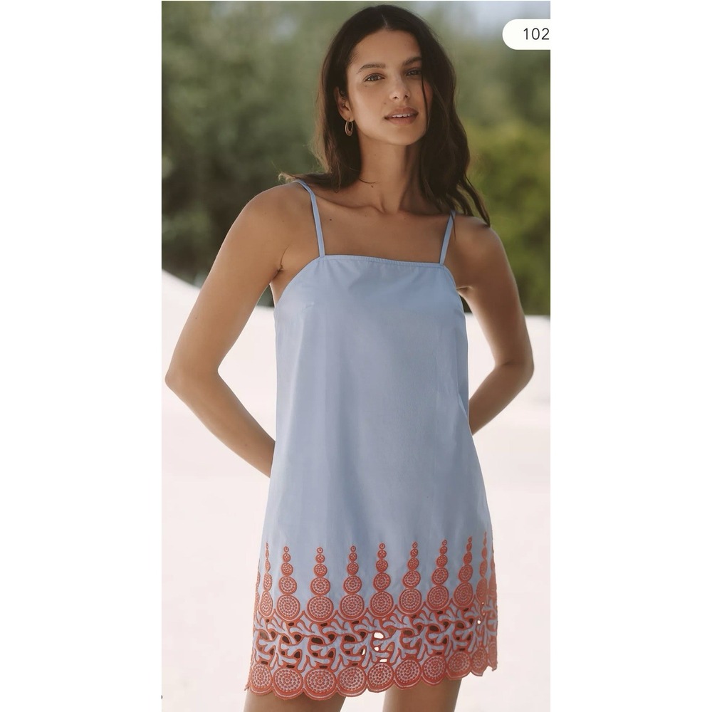 NWT Anthropologie Celandine Pale Blue Orange Coral Reef Mini Shift Dress Sz S